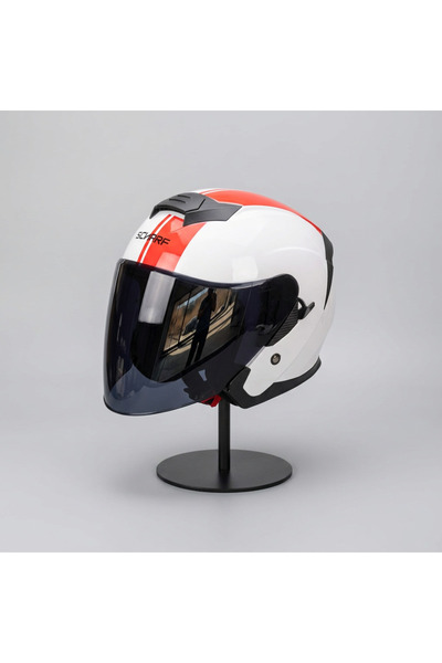 scharf 528 Siyah Vizörlü Yarım Motosiklet Kaskı - Güneş Camlı Açık Kask (WHITE Y2RED)