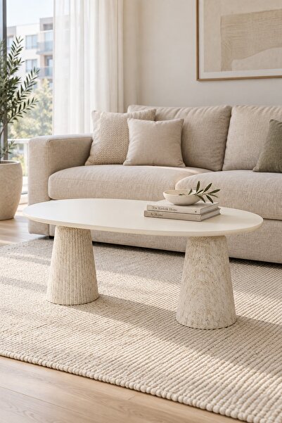 Veloni Calista Traverten Modern Orta Sehpa | Oval Tabla Çift Ayaklı Salon Seh...