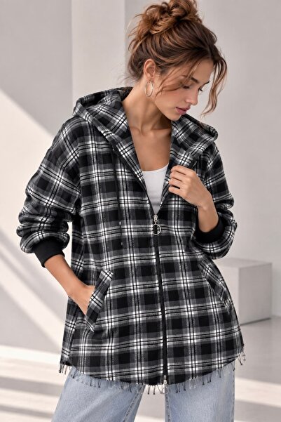 bb butik basic Kapüşonlu Fermuarlı Oversize Ekose Oduncu Gömlek Ceket Kadın R...