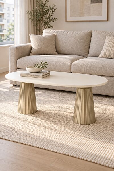 Veloni Calista Bonj-Aytaşı Modern Orta Sehpa | Oval Tabla Çift Ayaklı Salon S...