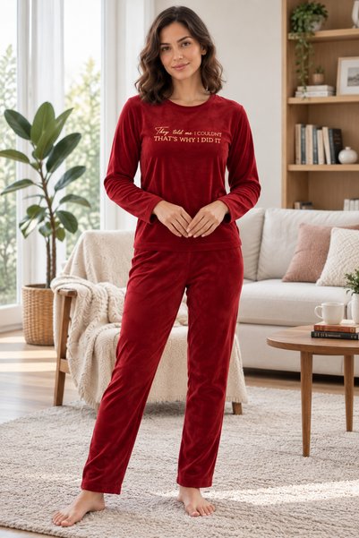 Kadın Kadife Yazı Detaylı Pijama Takımı – Uzun Kollu 2'li Takım
