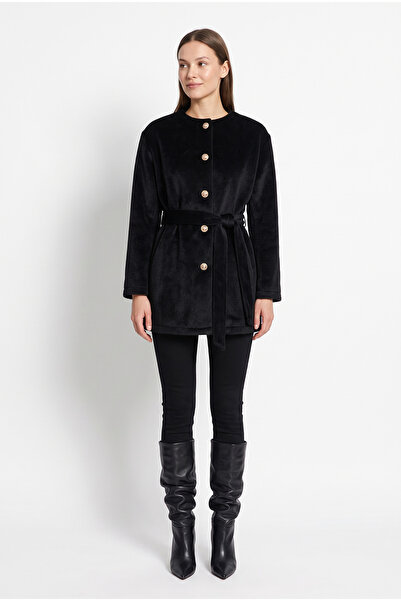 zenne Buttoned Front Fox Fur Coat 50719 - Black