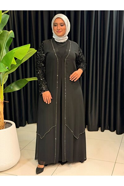 Butik büyük beden فستان سهرة مزدوج الأكمام مزين بالترتر