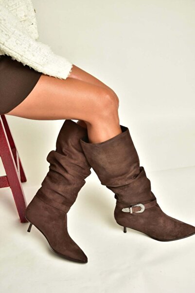 Fox Shoes Z726105702 Brown Suede Thin Heeled Gathered Women's Boots