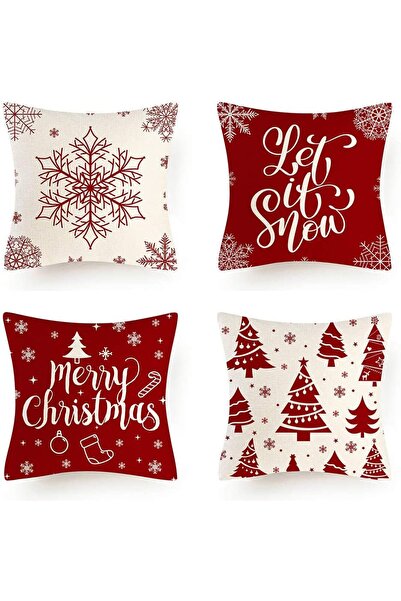 Noonedibs Set 4 fețe de pernă Crăciun 45 x 45 cm, decorațiuni holly și fulgi ...