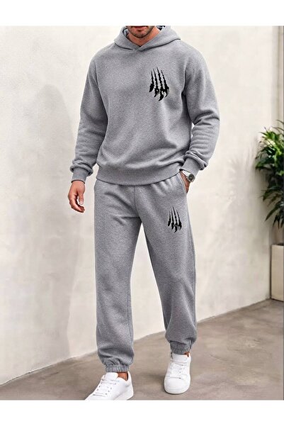 LELVANİ Men's Claw Visual Print Hooded Top and Bottom Track Suit Set