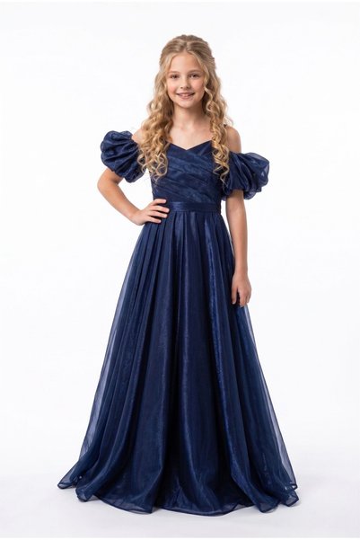 Baby Aden Babyaden Balloon Sleeve Long Glitter Fabric Girls Satin Evening Dress