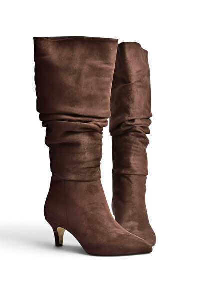 Fox Shoes Z965170402 Brown Suede Thin Heeled Gathered Women's Boots