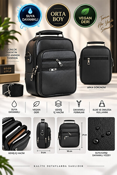 CüzCan Men's Black Vegan Leather Hand and Shoulder Bag with Adjustable Cross ...