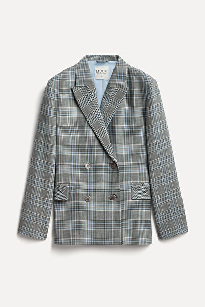 Mudo Women's Gray Plaid Oversized Blazer Jacket