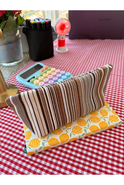 FEEMELS Brown Striped Linen Fabric Pencil Case - Makeup Bag - Pencil Case