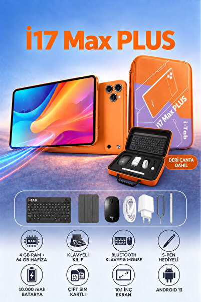 İ-TAB İ17 MAX PLUS 4GB RAM 64GB Hafıza Klavyeli Kılıf + Bluetooth Klavye & Mo...