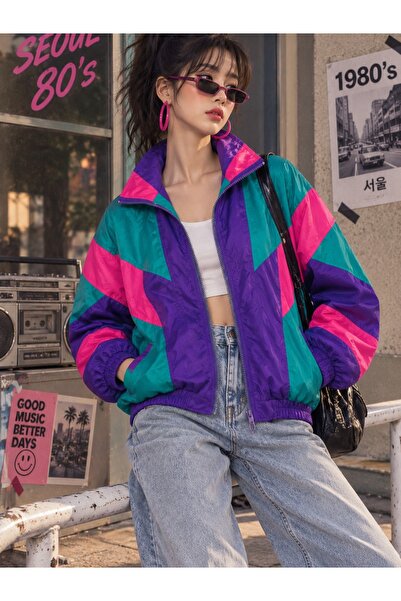 EDVESS 80'ler Retro Flash Renk Bloklu Windbreaker Fermuarlı Ceket