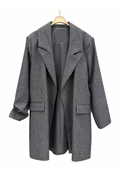 jooq Kadın Balıksırtı Desenli Oversize Uzun Blazer Ceket