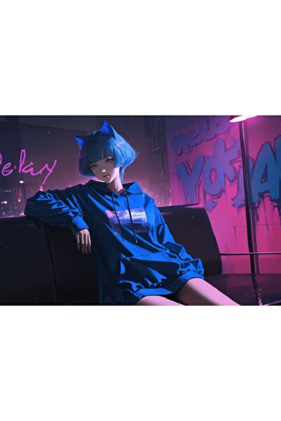 OEM Poster Blue Hair Cat Ear Anime Girl Sitting On Couch Neon Graffiti, 61x90...