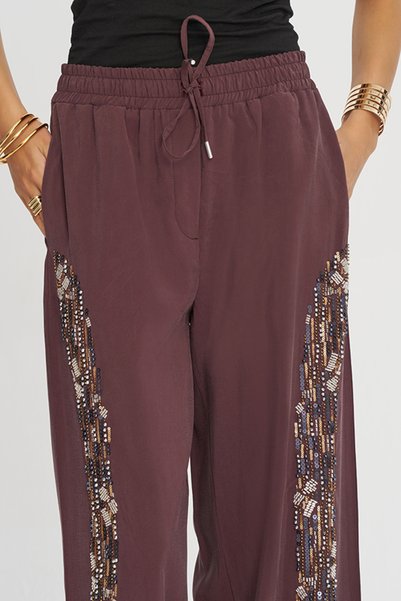 Orfeo Negro Women's Stylish Wide-Leg Pants with Sequin and Bead Embroidery on the Sides