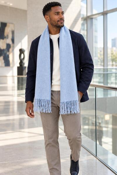 Wearflawless Unisex Soft Textured Blue Shawl Scarf with Tassels, Men's Winter...