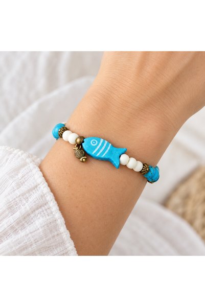 HER ŞEY NOTA www.herseynota.com White Beaded Elastic Bracelet with Turquoise ...