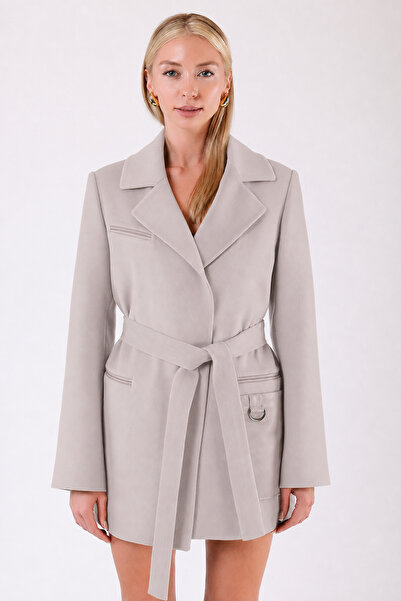 Leather Club Stone-Colored Leather Trimmed Cashmere Coat