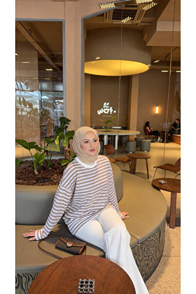 SS Design Bej Çizgili Oversize Uzun Kollu Sweatshirt