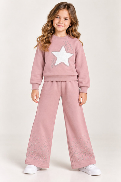 HELMİRA Girl's Three-Yarn Fabric Star-Stone 2-Piece Tracksuit Set-Sweatshirt&...