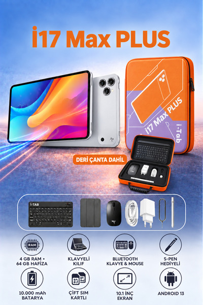 İ-TAB İ17 MAX PLUS 4GB RAM 64GB Hafıza Klavyeli Kılıf + Bluetooth Klavye & Mo...