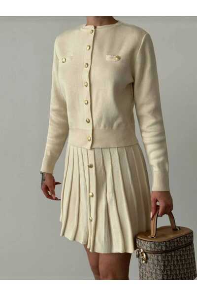 Alegre Ecru Gold Buttoned Knitwear Pleated Cardigan Skirt Set Suitable for Si...