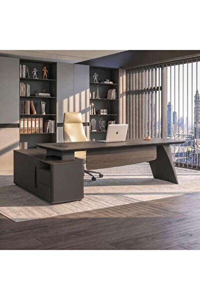 PAN HOME GEKKO OFFICE DESK RIGHT SIDE RETURN 240CM - DARK OAK & MIDDLE GREY