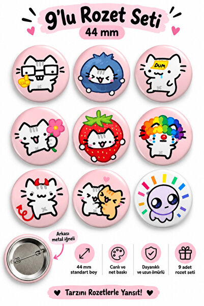 Hens Baskı Atölyesi 9’lu 44 mm Kawaii Kedi Rozet Seti – Metal İğneli, Sevimli...
