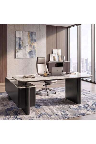 PAN HOME MONARQUE EXECUTIVE DESK WITH SIDE CABINET MARBLE - BEIGE & BROWN