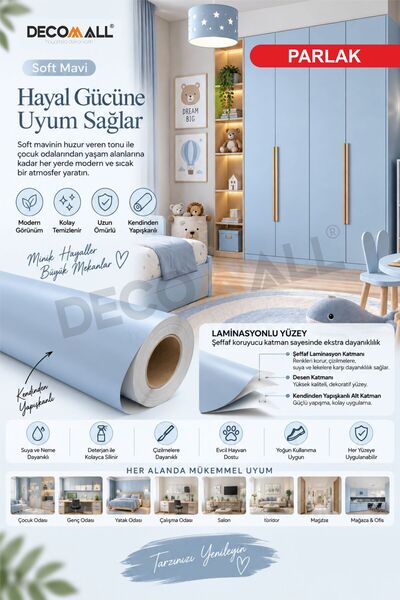 DECOMALL ( Code 365 ) Soft Mavi Kendinden Yapışkanlı Dolap Mobilya Masa Fayan...