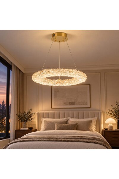 RFAN Candelabru LED RFAN, Model JO-SJD-10, Textură de cristal, Diametru 60 cm, 160W, Auriu