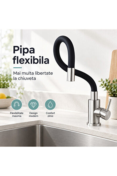 TnsAround Baterie de bucătărie neagră, flexibilă, 360 °   rotire