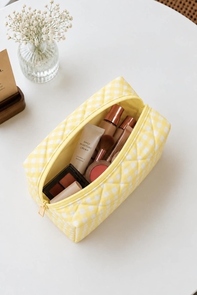 BagsMadame Yellow Gingham Patterned Makeup Bag 17X14 cm Medium Size