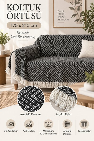 BEST CONCEPT Siyah Pamuklu Koltuk Örtüsü | Armürlü Saçaklı Yıkanabilir Ütülen...