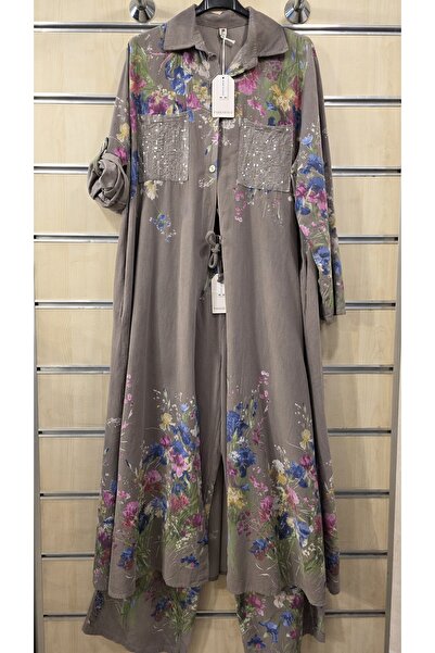 Park Moda Italian Velvet Dress and Trousers Set with Thin Ribbed Pattern