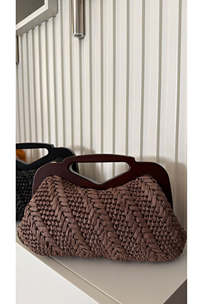 WOMANBAG Handmade Wicker Wooden Handle Handbag Clutch (37X22Cm) Brown