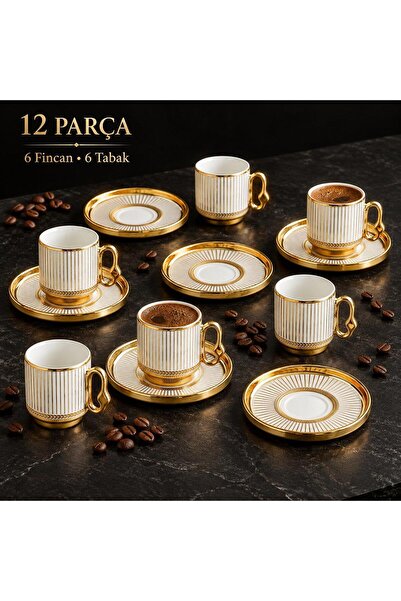 valkyrie 12 Parça 6 Kişilik Türk Kahvesi Fincan Takımı 80ml Gold Detaylı 6 Fi...