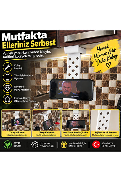 Mutfak Dolabı Telefon Tutucu – Dolap Altı Askılı Telefon Standı – PETG 3D Baskı Tezgah Üstü Pratik Telefon Tutacağı