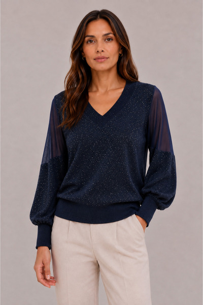 Okçu Triko Women's V-Neck Balloon Sleeve Knitwear Sweater 27K12313-22
