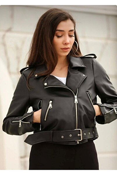 Reysamoda Black Slim Fit Women's Leather Jacket with Sleeve Zipper Detail