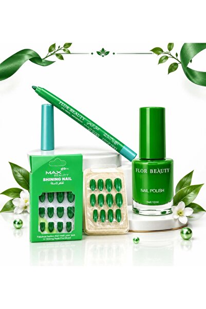 flor beauty مجموعة الأظافر والعيون الخضراء المتكاملة 3 قطع . كحل كريمي + طلاء اظافر + اضافر لاصقة