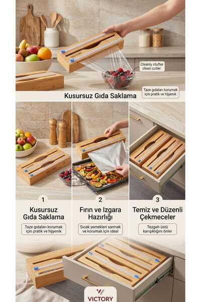 ÇEÇEN HOME Ahşap Bambu 2 Bölmeli Kesicili Streç Film Ve Alüminyum Folyo Dispe...