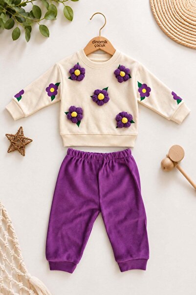 dinamik çocuk 3 Boyutlu Çiçek Aplikeli Kız Bebek Sweatshirt ve Eşofman Altı 2...