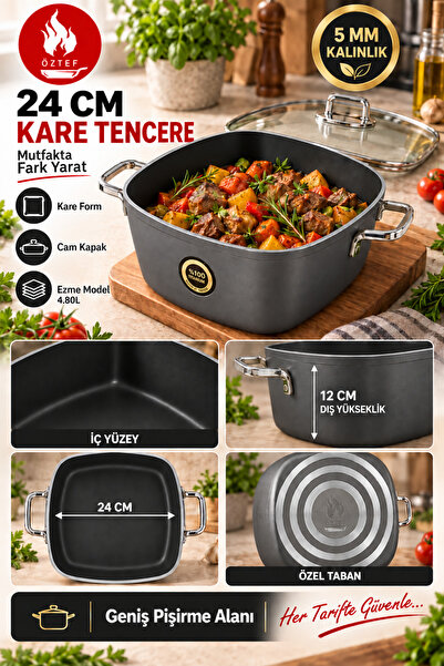 ÖZTEF - 5 mm Ezme Kare Tencere 24 cm Cam Kapaklı