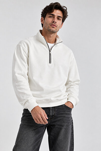 Lizbon Style Relax Fit Rahat Kesim Pamuklu Yarım Fermuarlı Dik Yaka Sweatshirt - Beyaz