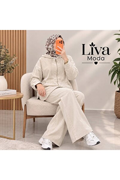LİVAMODA43 MY MAGAZİN KAPÜŞONLU FERMUARLI TENSEL KOT SPOR TAKIM