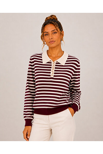 Okçu Triko Women's Striped Polo Collar Knit Sweater 27K12303-30
