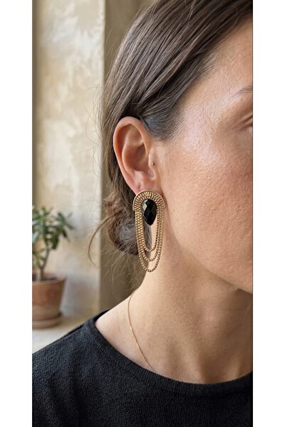 Lunarie Xuping Gold Black Stone Chain Tassel Dangle Earrings - Vintage Glamor...