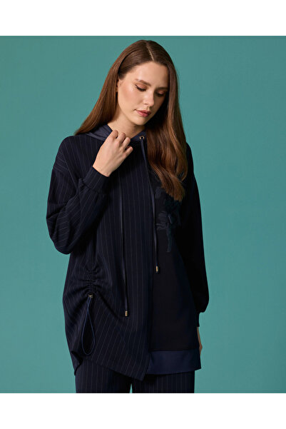 SEÇİL Çizgi Detaylı Büzgülü Kapüşonlu Lacivert Sweatshirt